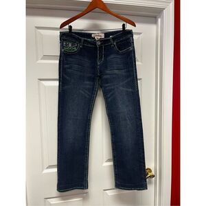 Laguna Beach Fleur De Lis Green Crystal & Stitched Flap Pocket Jeans sz 32 EUC R